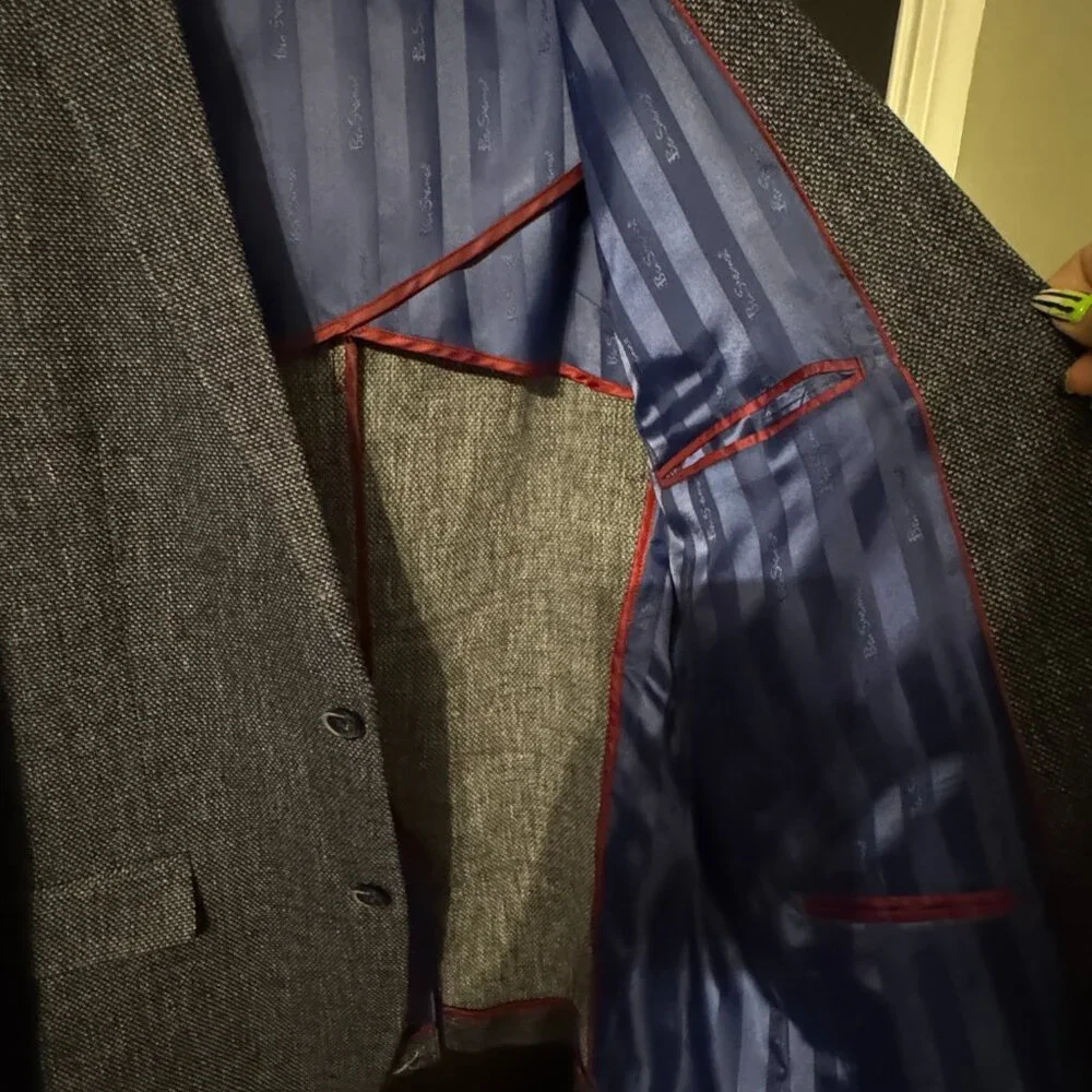 Mens Ben Sherman Suit Jacket Blazer Dark Gray Blue/Red Interior